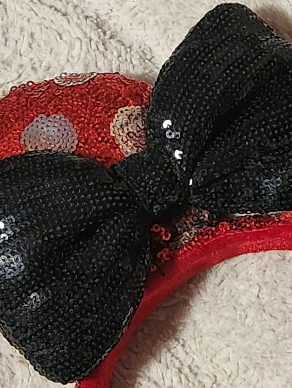 Disney Parks Minnie Mouse Ear Headband Red/Silver Polka Dots Black Bow Sequins